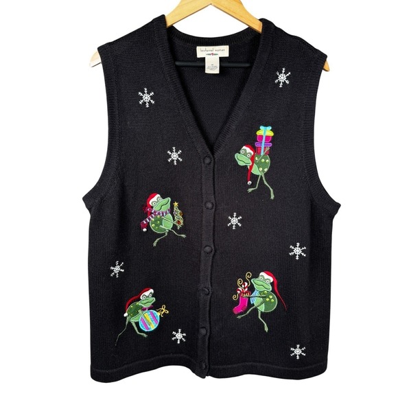 Christmas Sweater Cardigan Vest Black Green‎ Frog Novelty Snowflakes Women's 1X - Picture 3 of 15